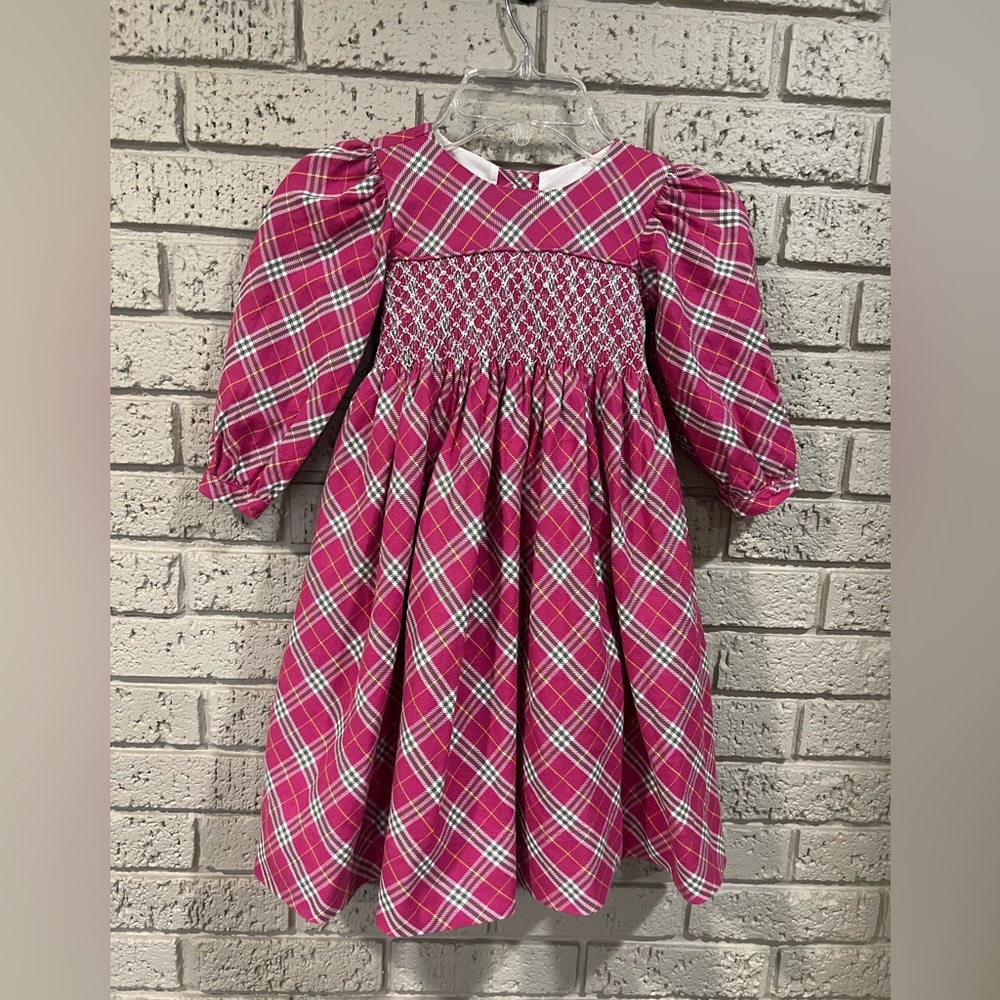 Girls STRASBURG Boutique Pink Plaid Smocked Party Long Sleeve Dress 3Y